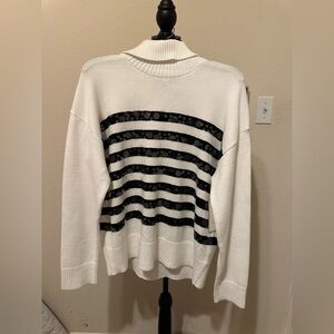 Calligraphie Elegant White Sweater with Black Lace, embellished Stripes. SzL NWT